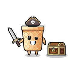 the waffle cone pirate character holding sword beside a treasure box