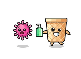 illustration of waffle cone character chasing evil virus with hand sanitizer