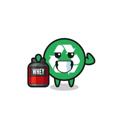 the muscular recycling character is holding a protein supplement