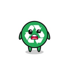 the shocked face of the cute recycling mascot