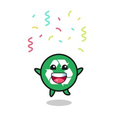 happy recycling mascot jumping for congratulation with colour confetti