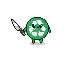 cute recycling mascot as a psychopath holding a knife