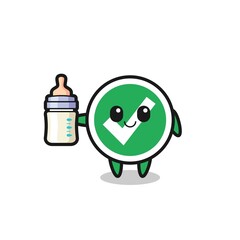 baby check mark cartoon character with milk bottle