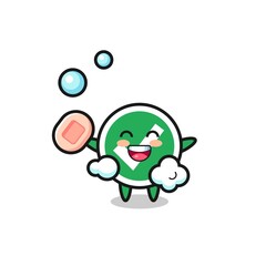 check mark character is bathing while holding soap