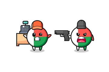 illustration of the cute madagascar flag as a cashier is pointed a gun by a robber