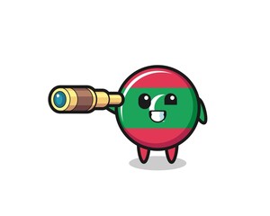 cute maldives flag character is holding an old telescope