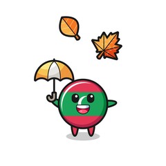 cartoon of the cute maldives flag holding an umbrella in autumn
