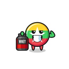 the muscular myanmar flag character is holding a protein supplement
