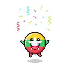 happy myanmar flag mascot jumping for congratulation with colour confetti