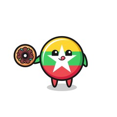 illustration of an myanmar flag character eating a doughnut