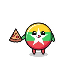 cute myanmar flag cartoon eating pizza