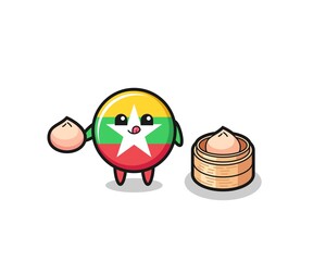 cute myanmar flag character eating steamed buns