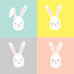 Bunnies, rabbits, cute characters set, for Easter, kids and baby t-shirts and greeting cardsDraw vector illustration collection head of rabbit.Isolated on different color backgrounds.