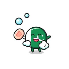 pakistan flag character is bathing while holding soap