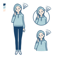 パーカーを着た若い女性が困っているイラスト