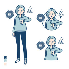 パーカーを着た若い女性が抗議・ブーイングしているイラスト