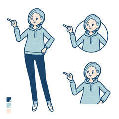 パーカーを着た若い女性が指差して解説しているイラスト