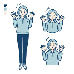 パーカーを着た若い女性が驚いているイラスト