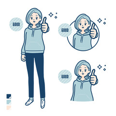 パーカーを着た若い女性がサムズアップをしているイラスト