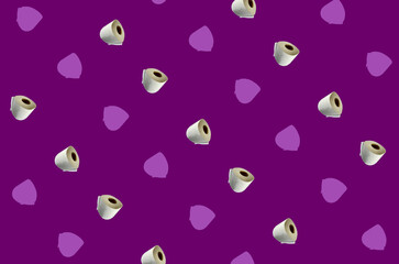 Colorful pattern of rolls of a white toilet paper isolated on violet background. Top view. Wallpaper for bathroom