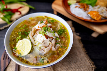 Soto Ayam is a traditional Indonesian soup mainly composed of broth, chicken and vegetables