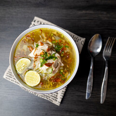 Soto Ayam is a traditional Indonesian soup mainly composed of broth, chicken and vegetables