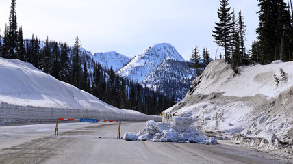 Fototapeta na wymiar closed mountain pass in the rockies avalanche warning