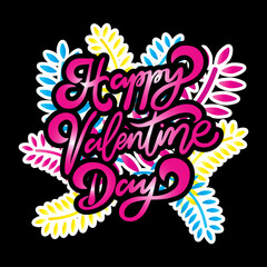 Hand Drawn Text Happy Valentine Day With Doodle Leaf. Retro Style Text. Modern Calligraphy. Can Be use for Sticker, shirt, mug, postcard, journaling.