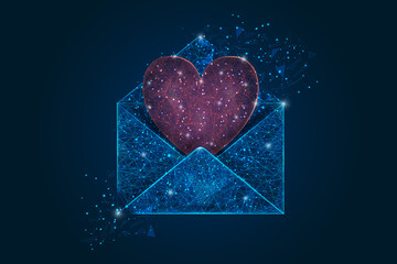 Abstract isolated image of a letter, mail or message with red heart. Polygonal illustration looks like stars in the blask night sky in spase or flying glass shards. Digital design for website, web © Katsiaryna