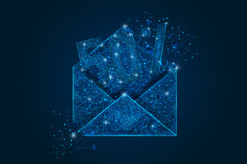 Abstract isolated image of a letter, mail or message with 50 percent discount. Polygonal illustration looks like stars in the blask night sky in spase or flying glass shards. - obrazy, fototapety, plakaty