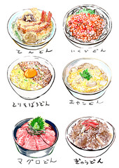 メニュー食べ物　丼物イラスト（天丼、いくら丼、鶏そぼろ丼、親子丼、マグロ丼、牛丼）
menu  illustrations