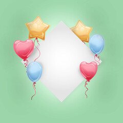 Kolorowe balony i puste miejsce na tekst lub cytat. Zielone tło na urodziny, rocznice, ślub, gratulacje. Szablon do mediów społecznościowych. - obrazy, fototapety, plakaty