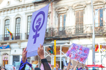 Fototapeta na wymiar Feminist march in Bogotá Colombia on March 8, 2021