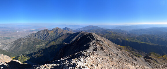 Mount Nebo Wilderness autumn panoramic views hiking from peak 11,933 feet, highest peak in the Wasatch Range of Utah, Uinta National Forest, United States. USA.