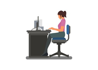Naklejka na ściany i meble Female employee typing on a desktop personal computer. Simple flat illustration.