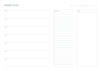 Note, scheduler, diary, calendar planner document template illustration. Weekly plan form.