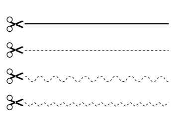 Cutting lines with scissors. Line art. Simple shape. Creative pattern. Curved dotted. Vector illustration. Stock image.