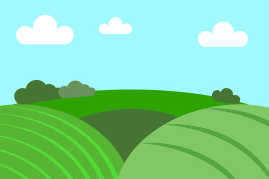 Green fields picture. Blue sky. Environment sign. Nature concept. Cartoon wallpaper. Vector illustration. Stock image. 