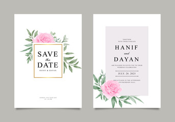 elegant wedding invitation card set with watercolor pink roses and green leaves