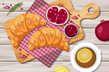 Croissant with pomegranate and a cup of lemon tea on the table