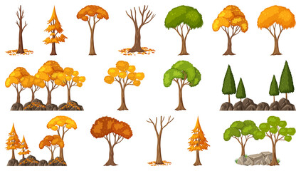 Set of four seasons trees on white background