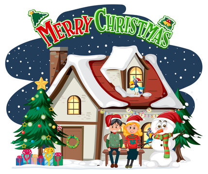 Merry Christmas logo with winter house and young couple
