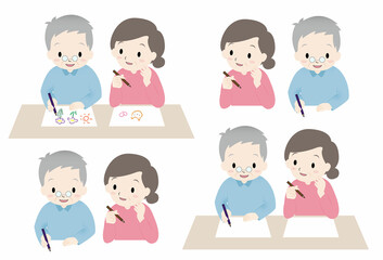 高齢者のおじいさん、おばあさん２人が机上で何か書いている、塗り絵、絵を描いている、終活セット