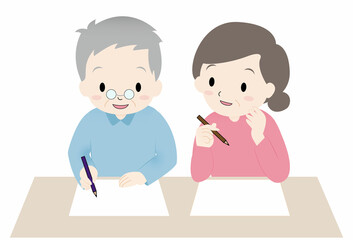 高齢者のおじいさん、おばあさん２人が机上で何か書いている、塗り絵、絵を描いている、終活、書き物