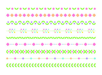 Cute and colorful spring style line. Flowers, leaves, lines, circles.
