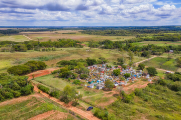 Aerial view of a cemetery with above ground graves in Paraguay. .