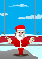Santa Claus in his red clothes with white beard orchestra conductor. Vector cartoon character illustration.