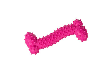Rubber red bone toy for pet dogs.