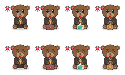 Fototapeta premium Vector Illustration of Cute sitting Bear cartoon with Businessman costume. Set of cute little bear characters. Collection of funny little bear isolated on a white background.