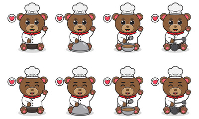 Vector Illustration of Cute sitting Bear cartoon hand up pose with Chef costume. Set of cute little bear characters. Collection of funny little bear isolated on a white background.